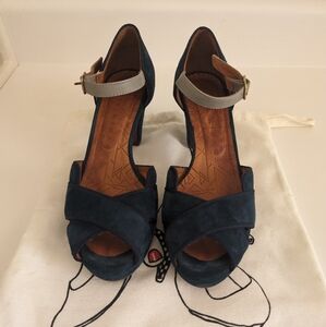 Chie Mihara Blue Suede Open Toe Ankle Strap Heels Sz 8